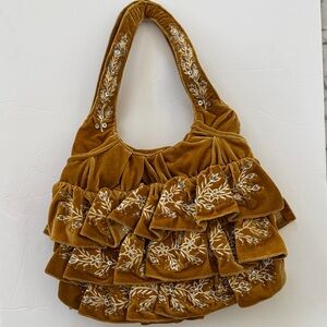 Embroidered Velvet Ruffle Bag